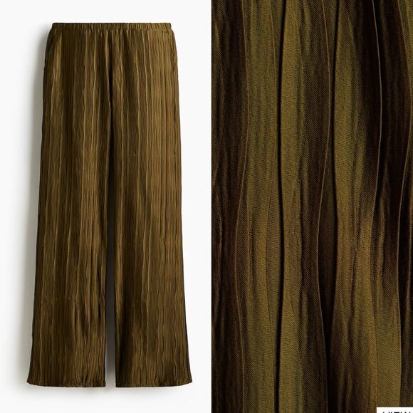 H&M Divided Dark Khaki Crinkled Wide-Leg Pants | Large - Picture 5 of 11